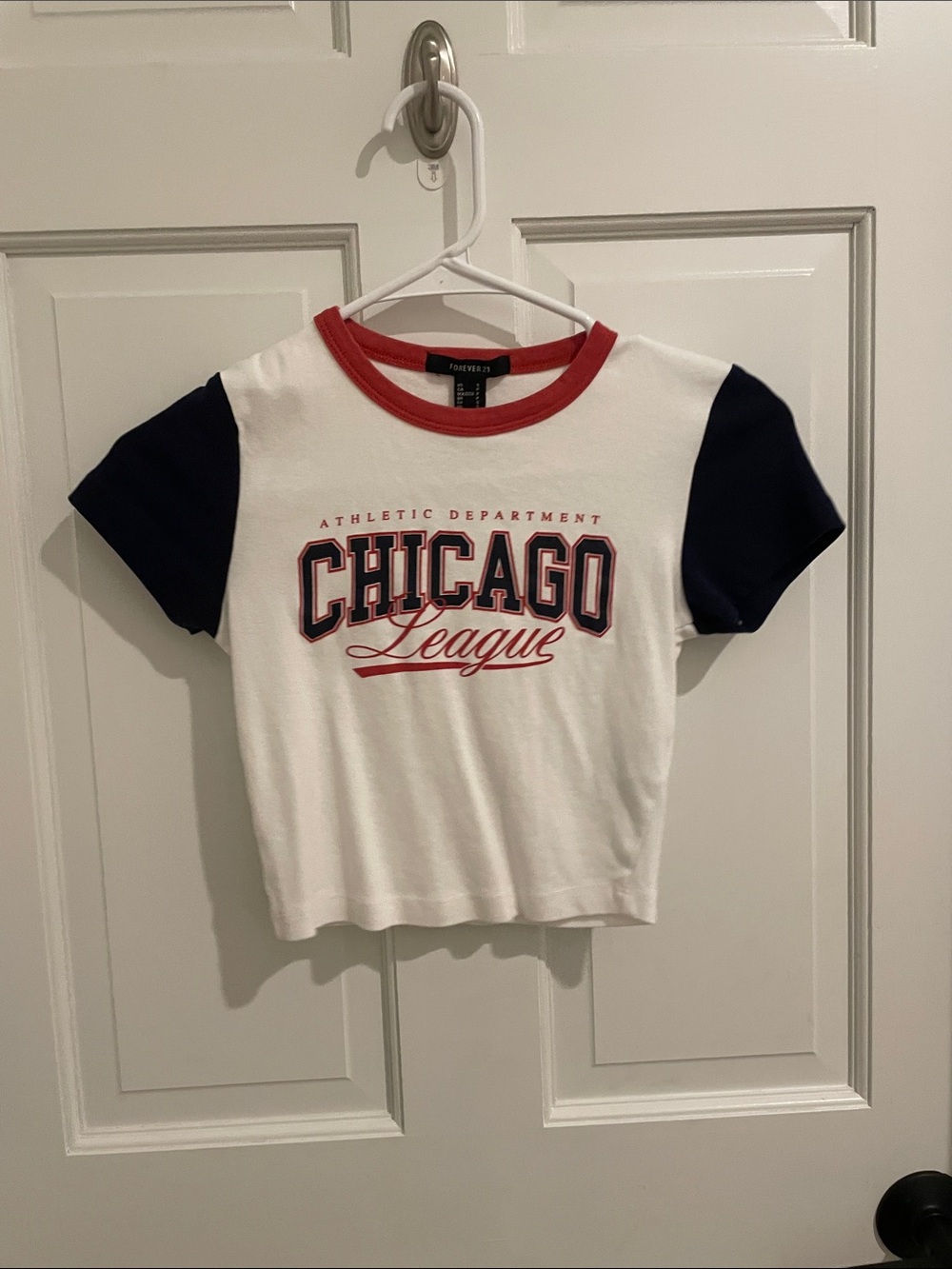 Forever 21 White Crop Top with Navy Sleeves and Red Trim - Chicago League